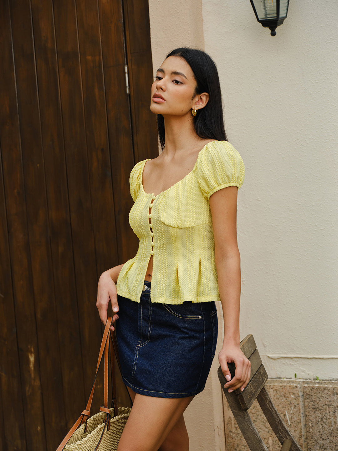 Puff Sleeve Button-Front Peplum Top
