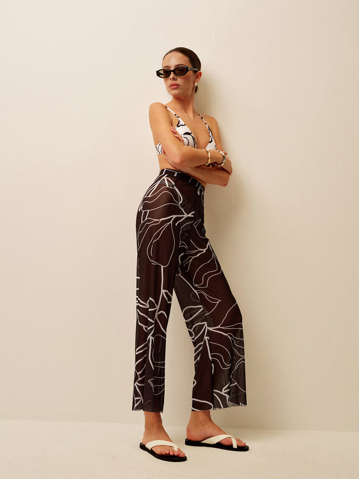 Sheer Printed Wide-Leg Cover-Up Pants