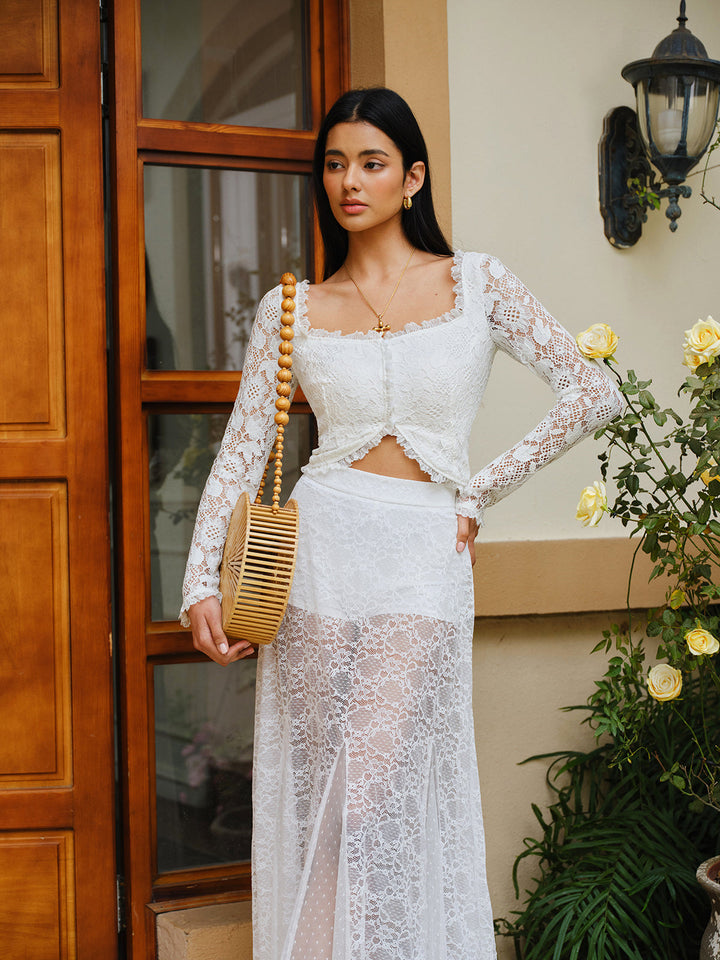 Semi-Sheer Lace Ruffled Trim Buttoned Crop Top