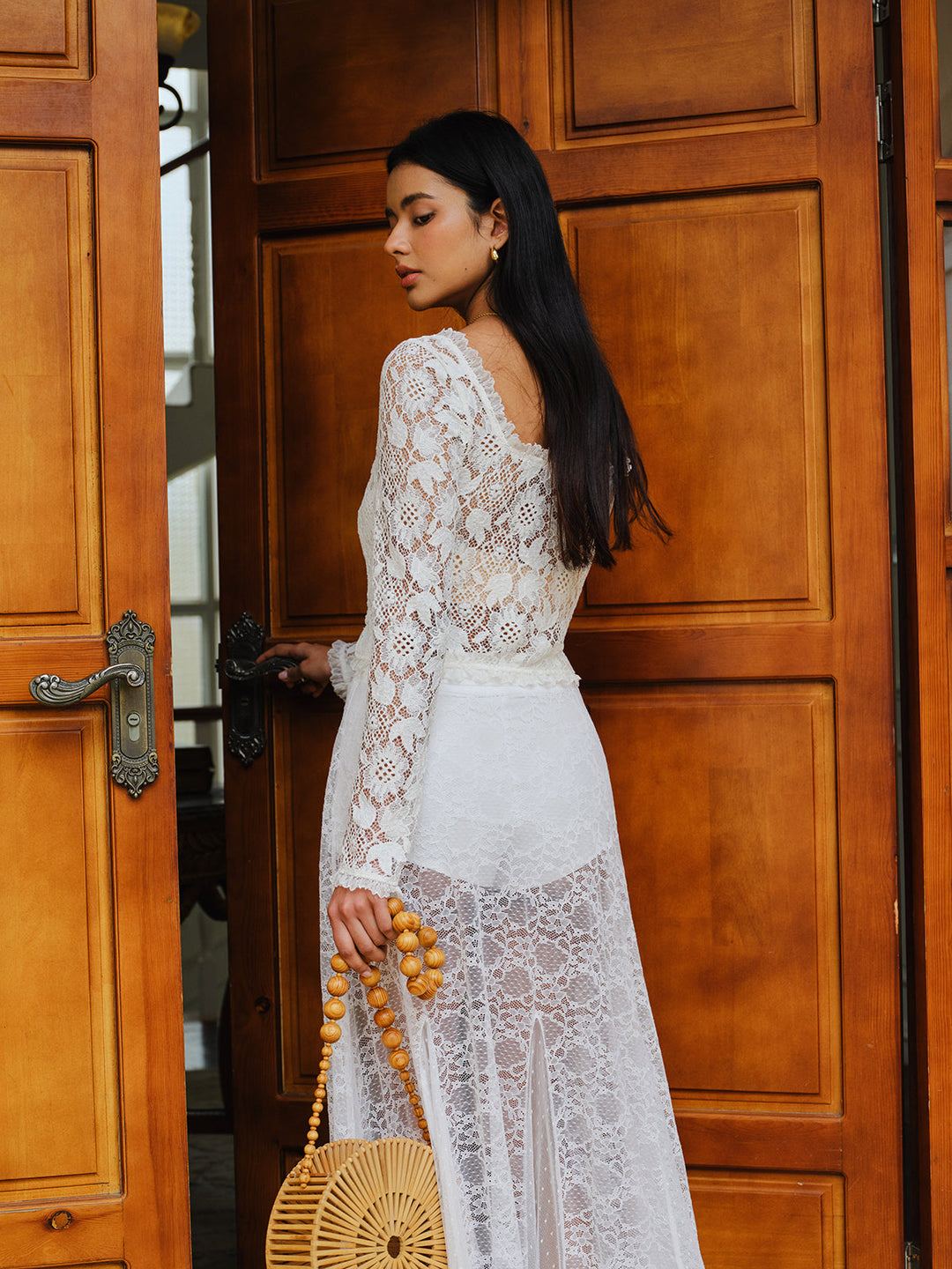 Semi-Sheer Lace Ruffled Trim Buttoned Crop Top