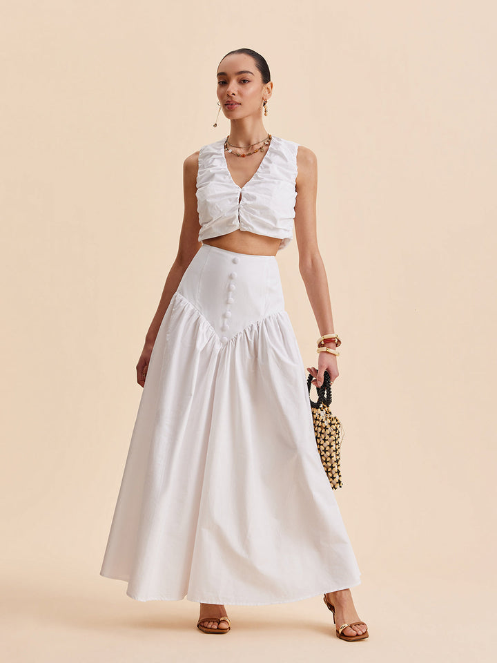 Ruched Crop Top With Buttoned Skirt Set