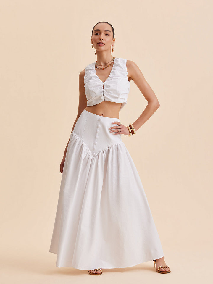 Ruched Crop Top With Buttoned Skirt Set