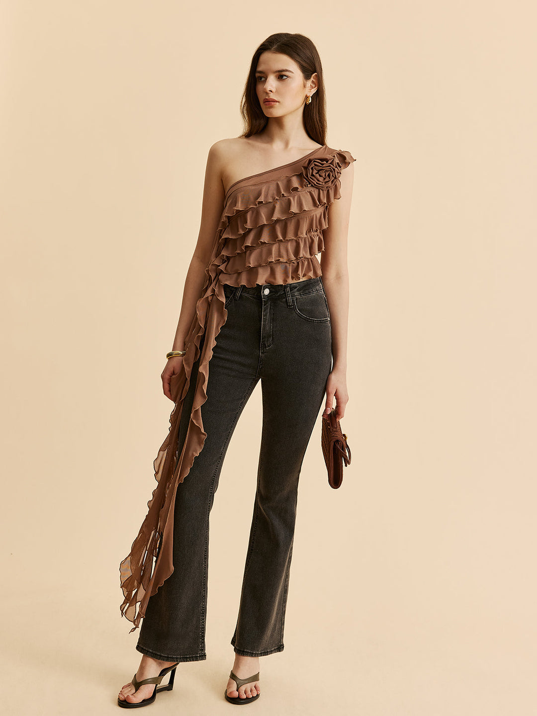 One-Shoulder Ruffled Rosette Detail Top