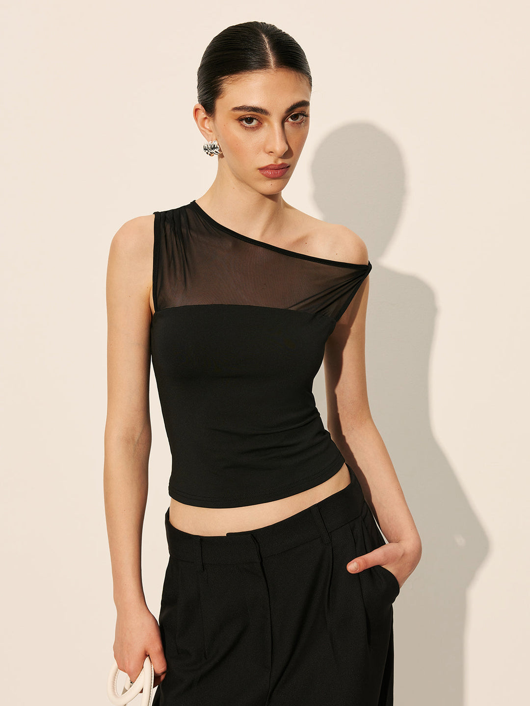 Sheer Panel One-Shoulder Top