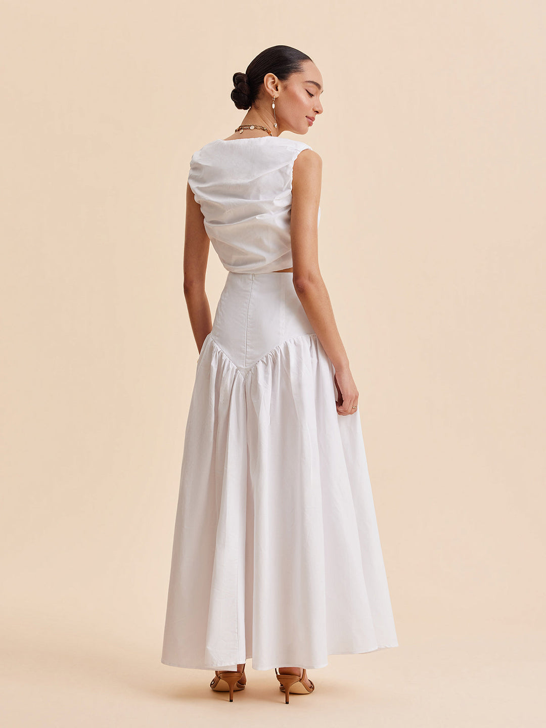 Ruched Crop Top With Buttoned Skirt Set