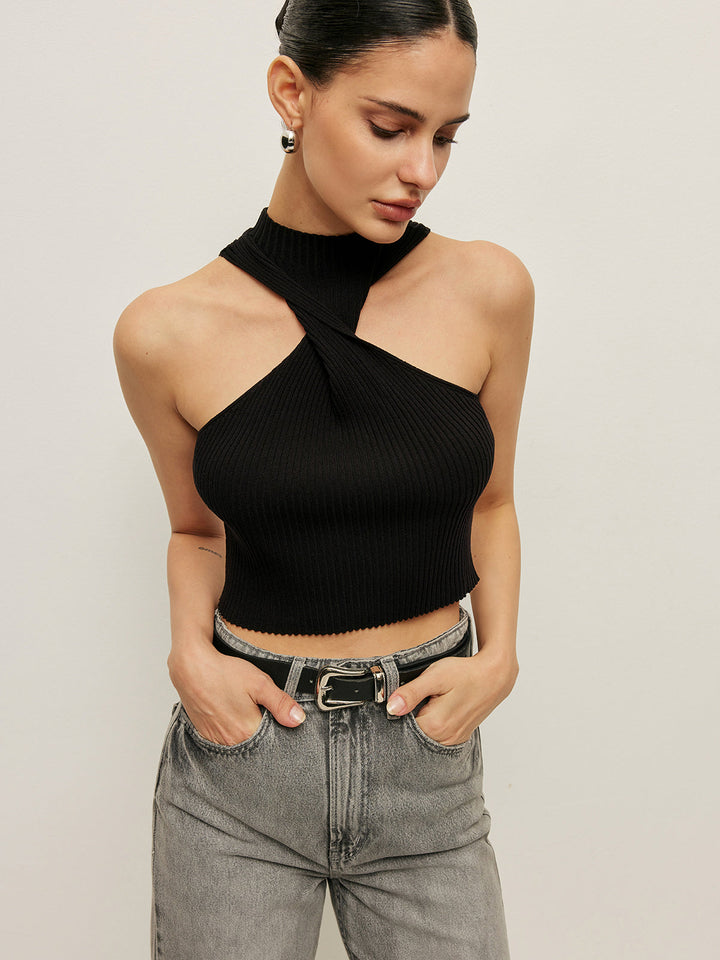 Ribbed Cross Halter Knit Top