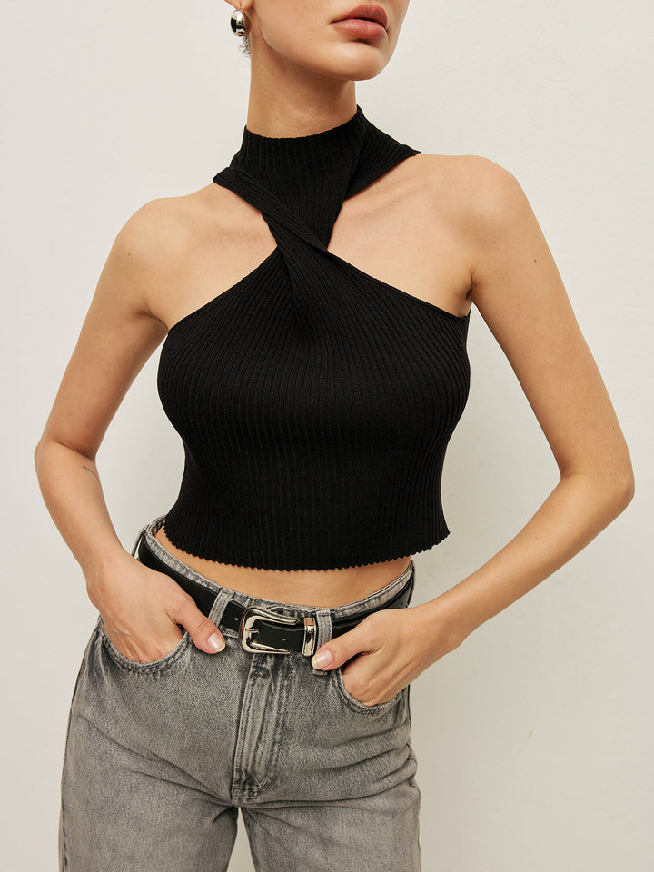 Ribbed Cross Halter Knit Top