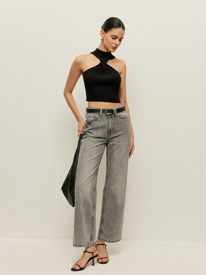 Ribbed Cross Halter Knit Top