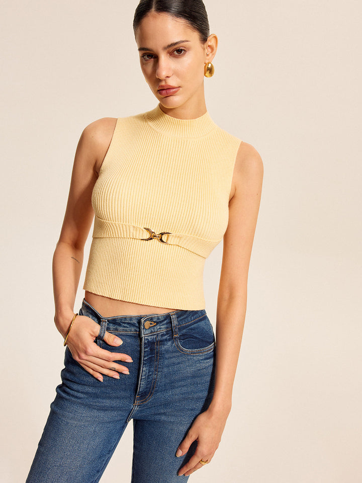 Ribbed Mock-Neck Top With Waist Chain Detail