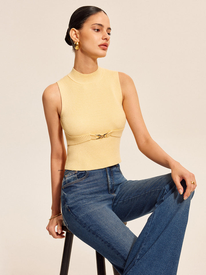 Ribbed Mock-Neck Top With Waist Chain Detail