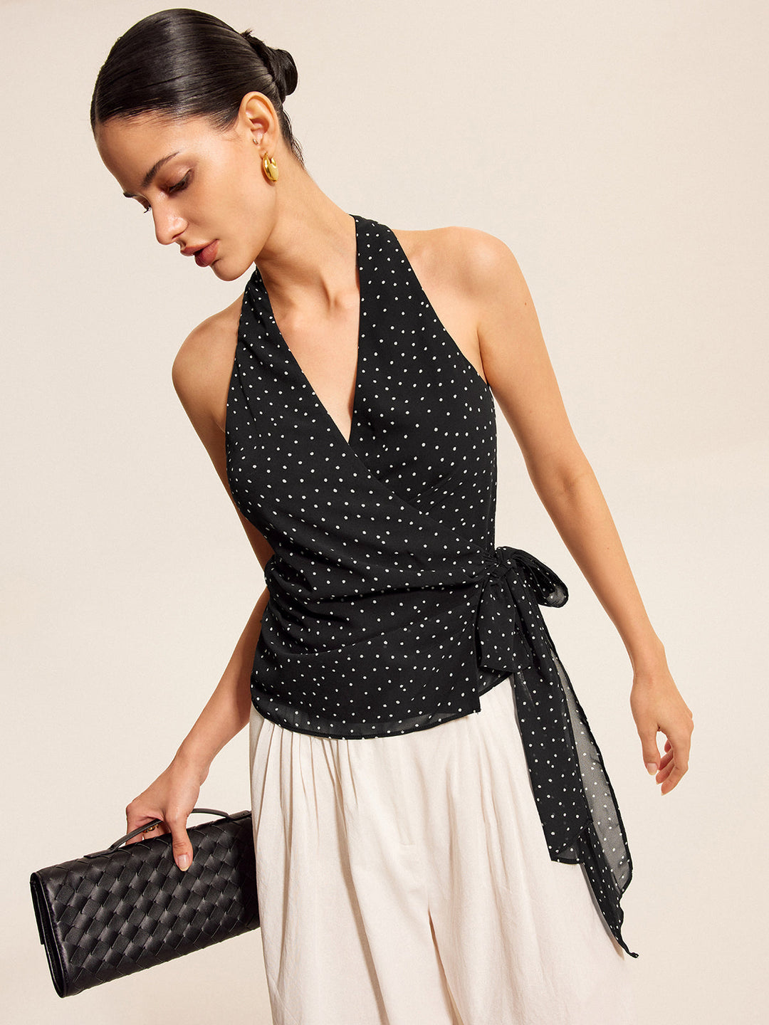 Polka Dot Wrap Tie Halter Top
