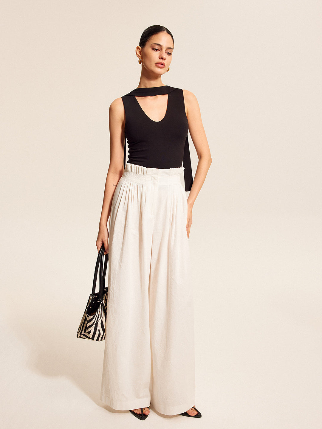 V-Neck Top With Scarf-Style Neck Tie