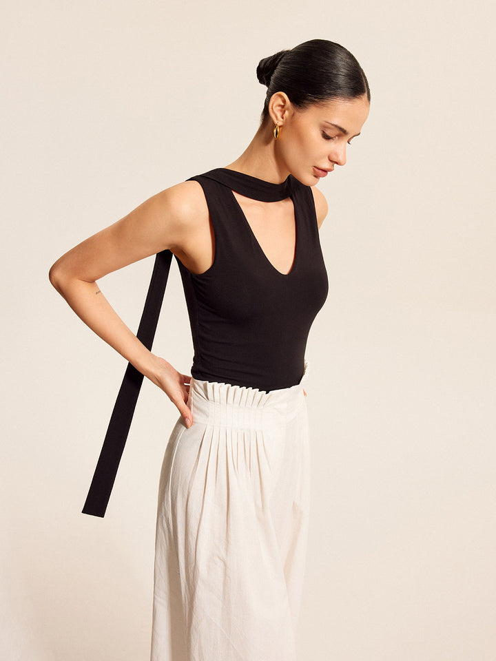 V-Neck Top With Scarf-Style Neck Tie