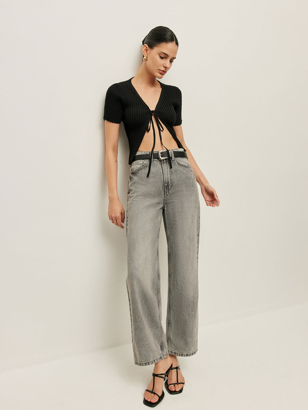 Ribbed Tie Front Short Sleeve Top