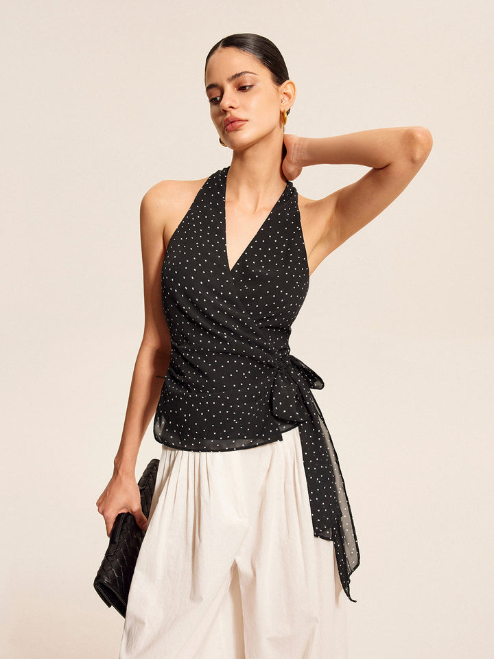 Polka Dot Wrap Tie Halter Top