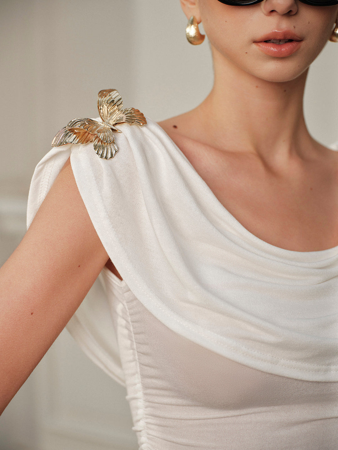 Semi-Sheer Metal Butterfly Cowl-Neck Top