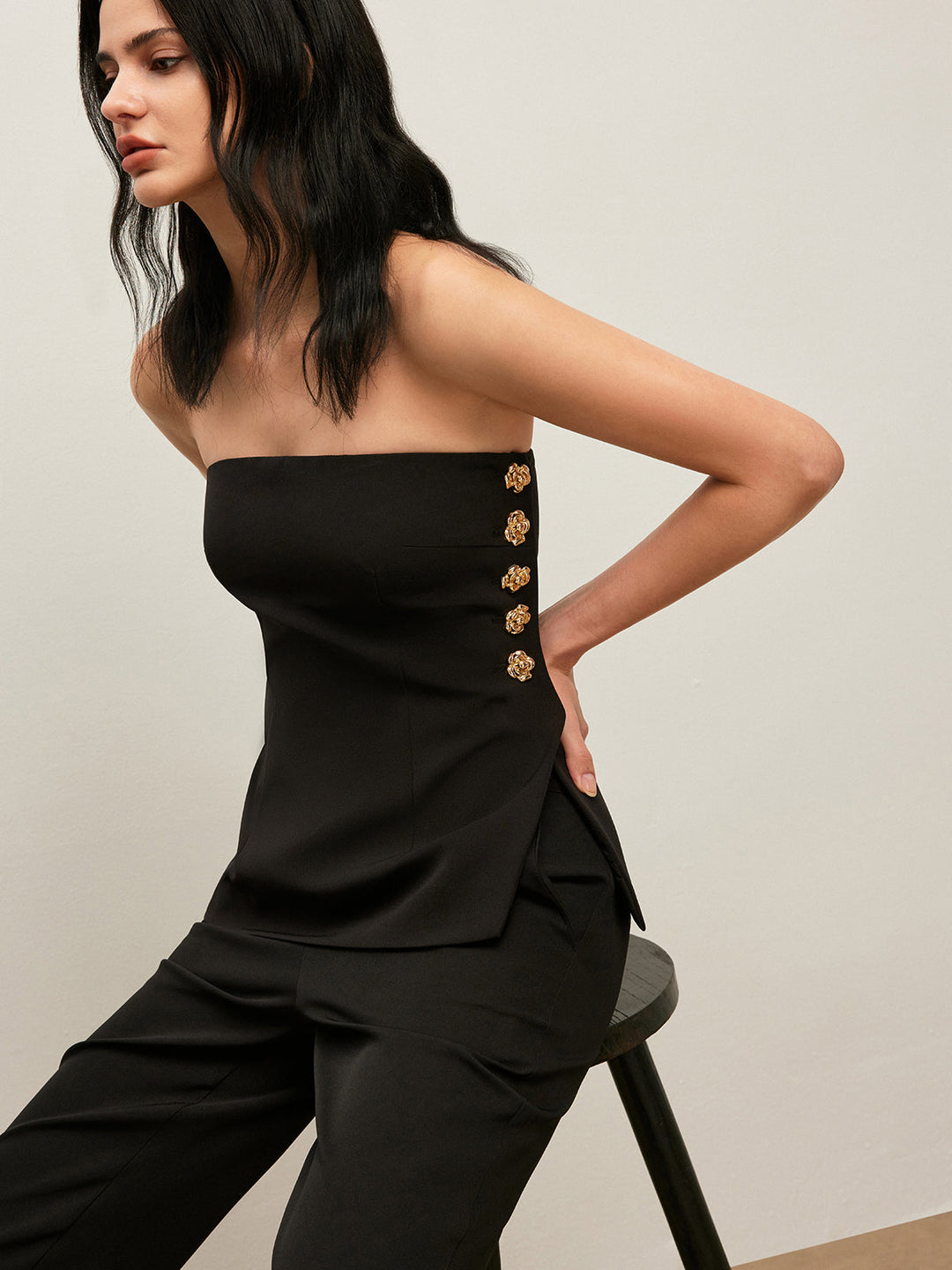 Side Button Detail Strapless Top