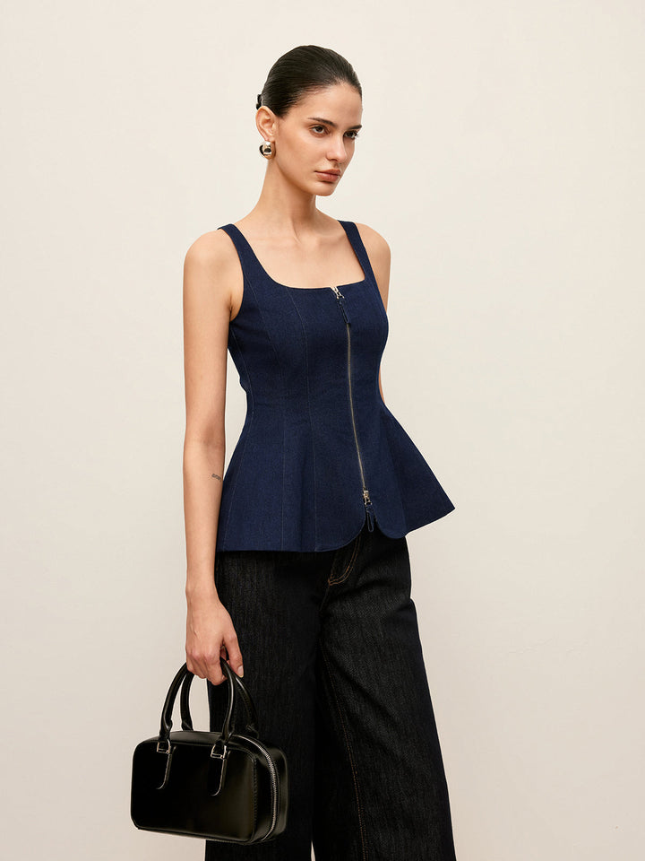 Zip-Front Denim Peplum Top