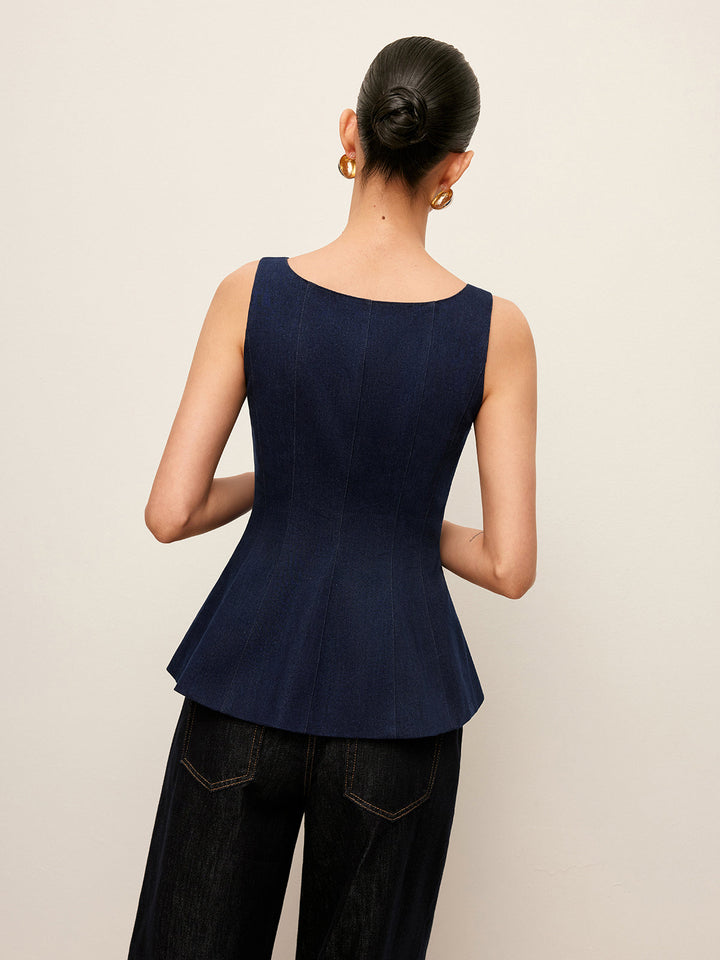 Zip-Front Denim Peplum Top