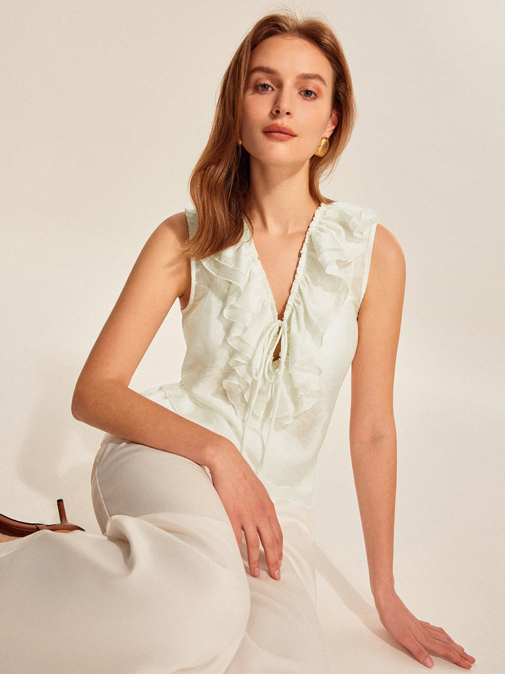 Semi-Sheer Ruffled Tie-Front Top