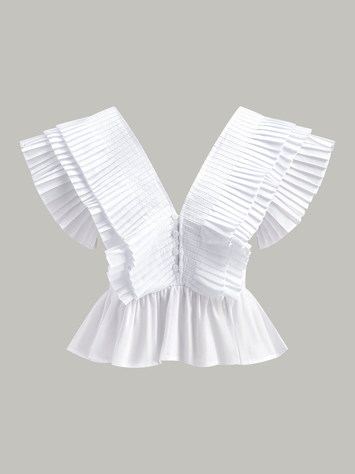 Pleated V-Neck Button-Detail Top