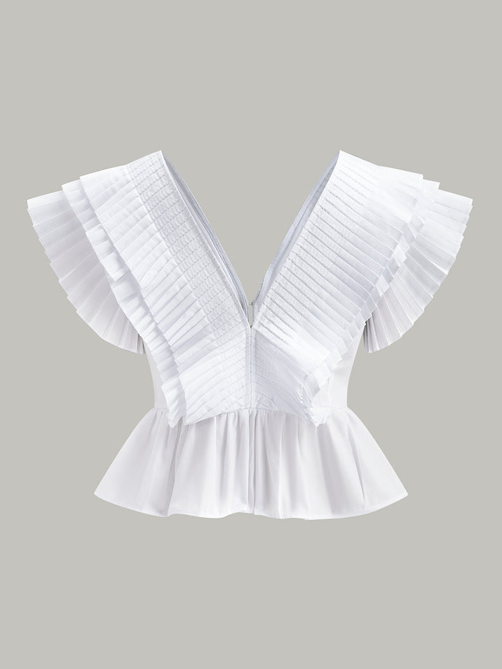 Pleated V-Neck Button-Detail Top