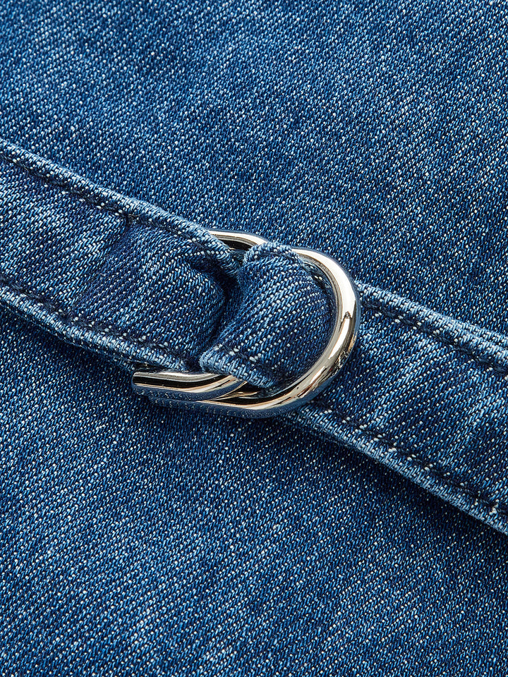 Metal Button Tie-Back Denim V-Neck Shorts Set