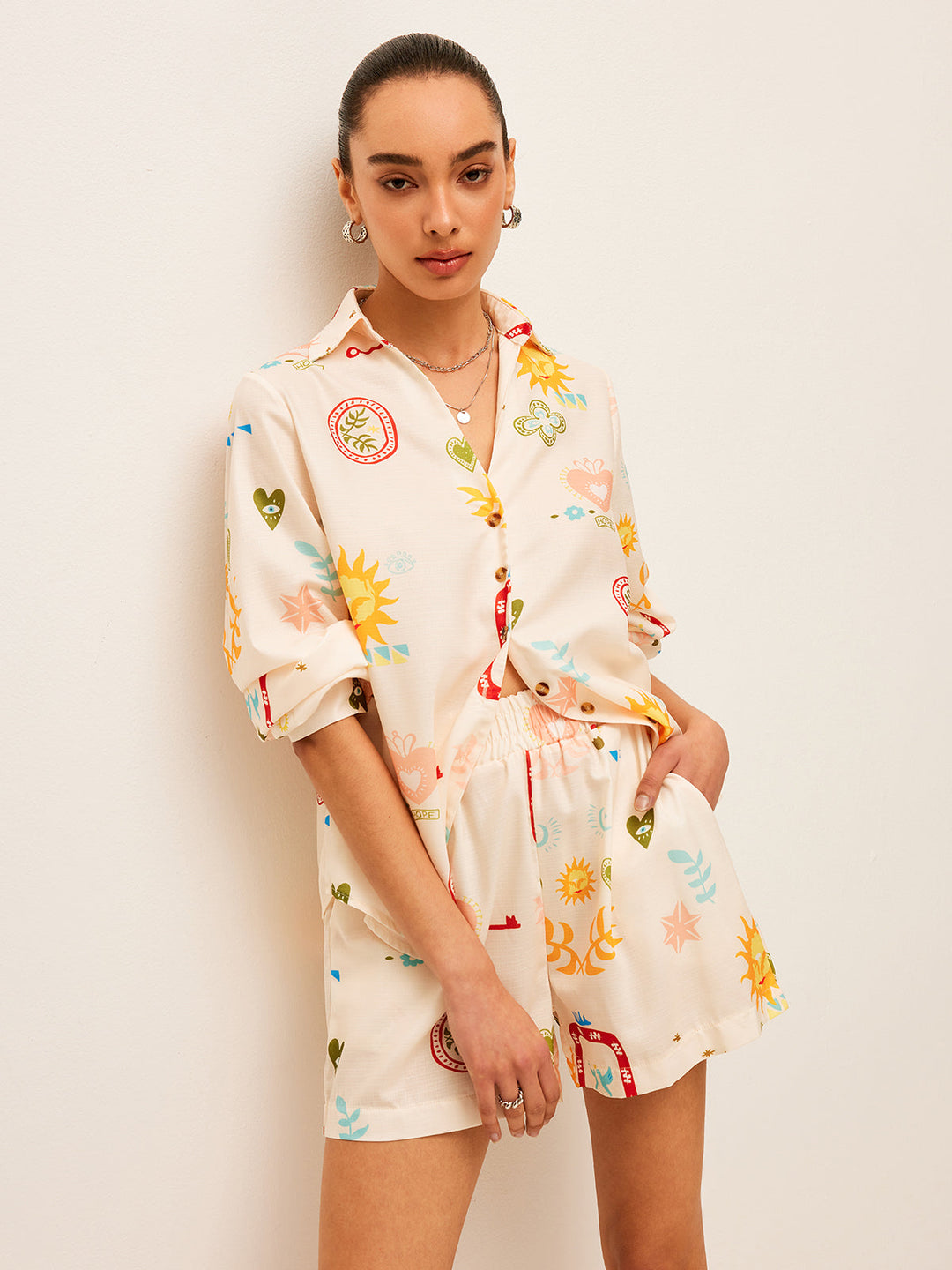 Pleated Pattern-Print Shorts Set