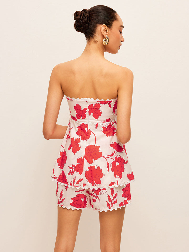 Floral Strapless Top With Pockets Shorts Set