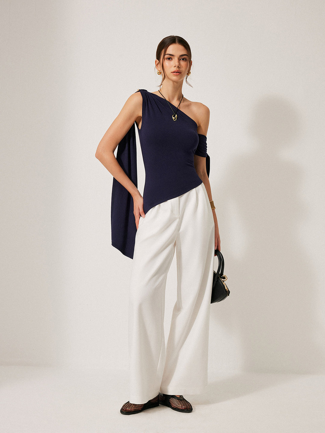 One-Shoulder Draped Tie Detail Top