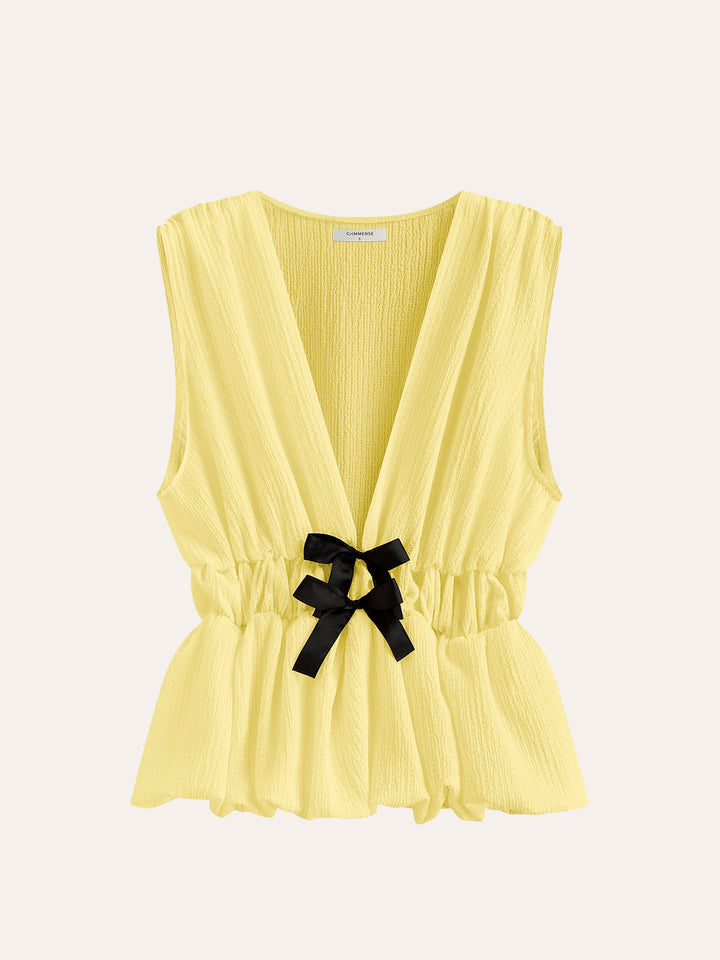 V-Neck Gathered Waist Bow-Detail Top