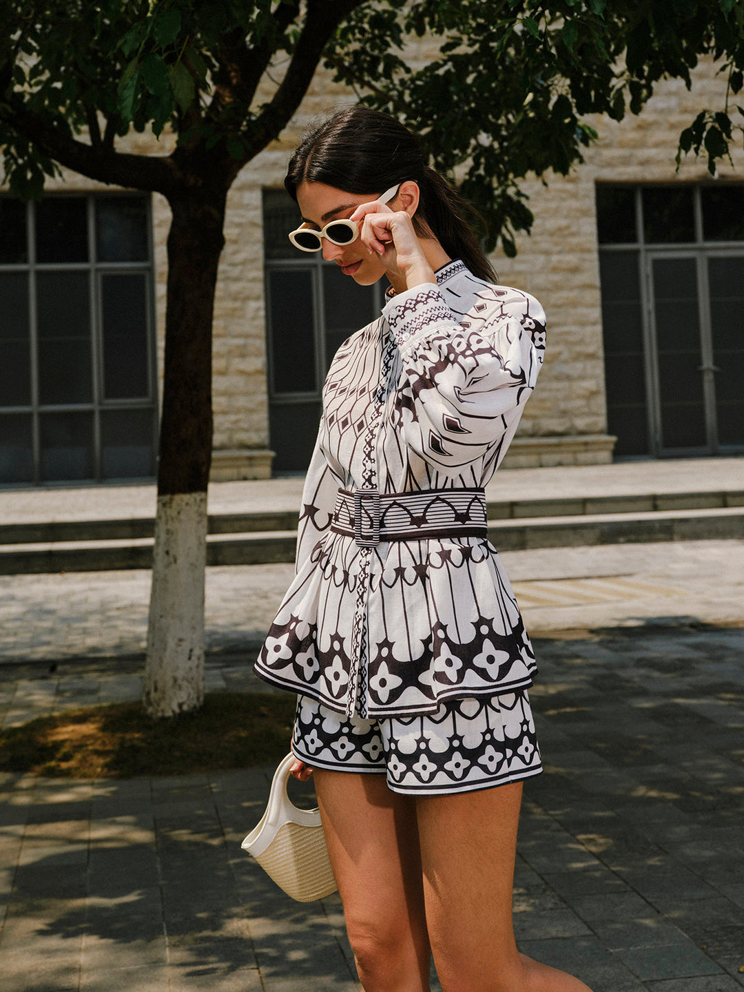 Linen Blend Long Sleeve Belted Shorts Set