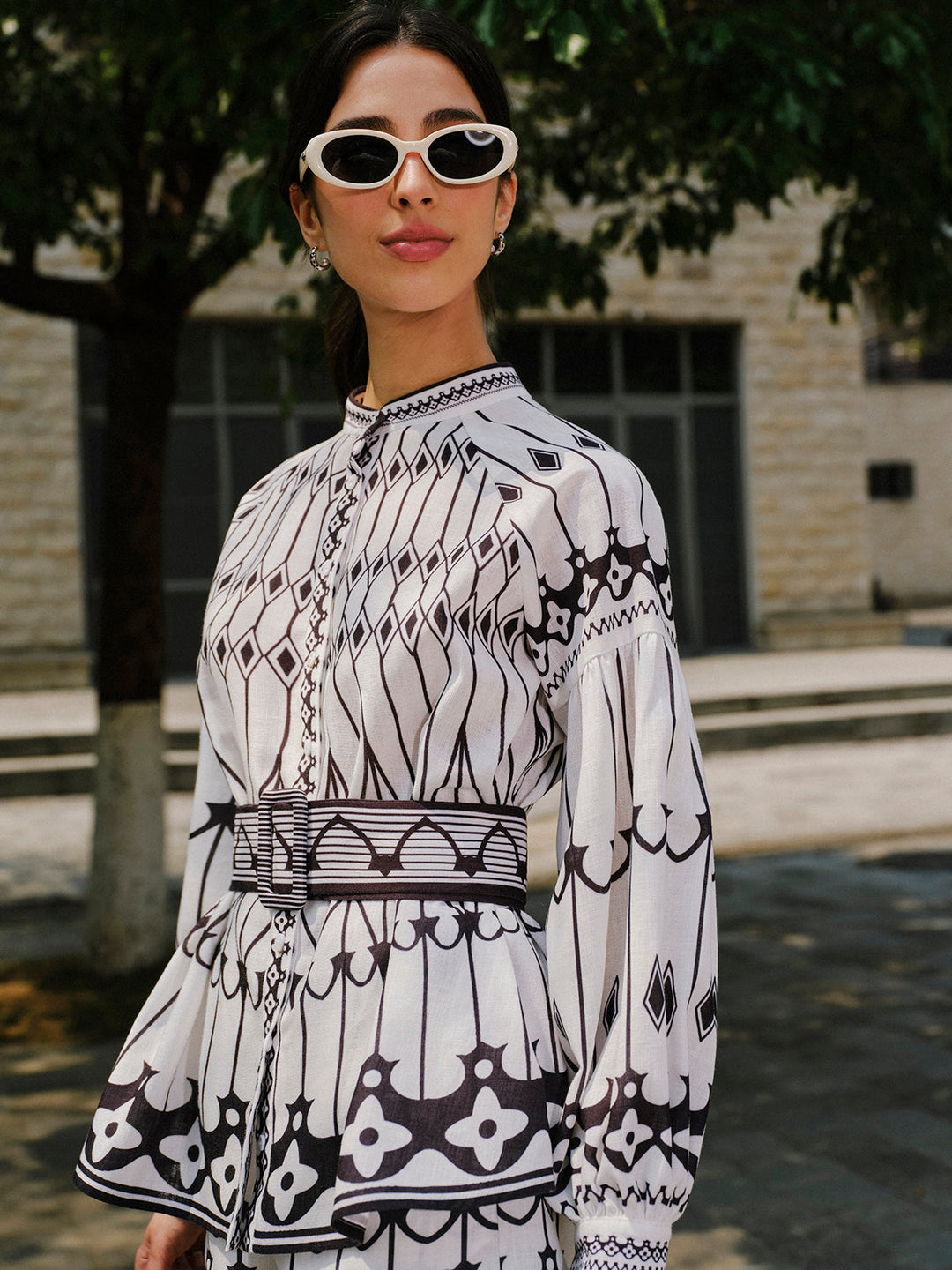 Linen Blend Long Sleeve Belted Shorts Set