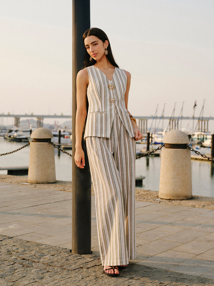 Linen & Cotton Mid-Waist Striped Wide-Leg Pants
