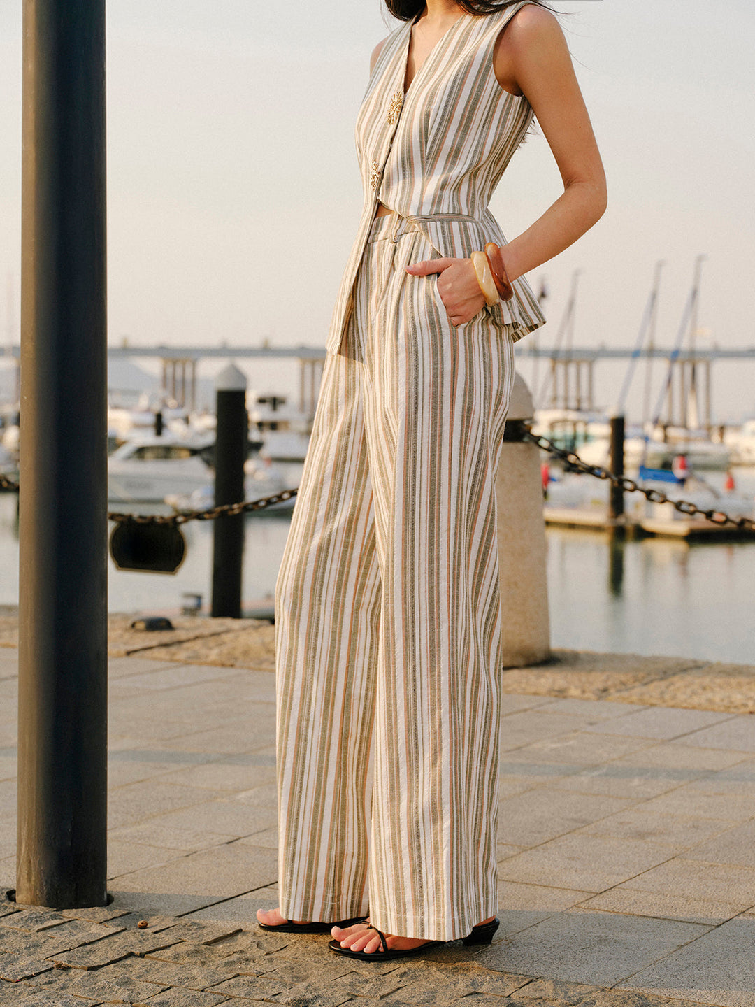 Linen & Cotton Mid-Waist Striped Wide-Leg Pants