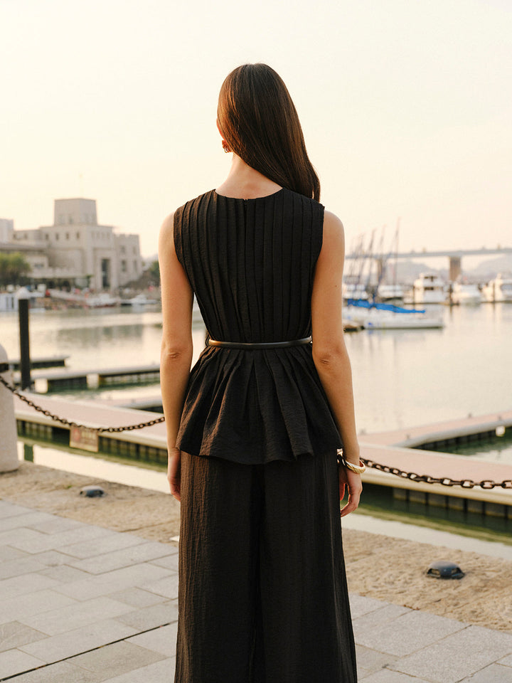 Peplum Top Wide-Leg Pants Set With Belt