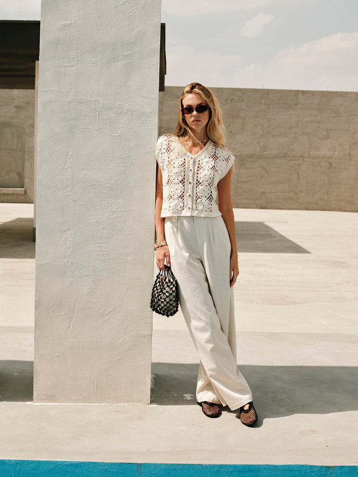 Semi-Sheer Jacquard Cut-Out V-Neck Tank Top