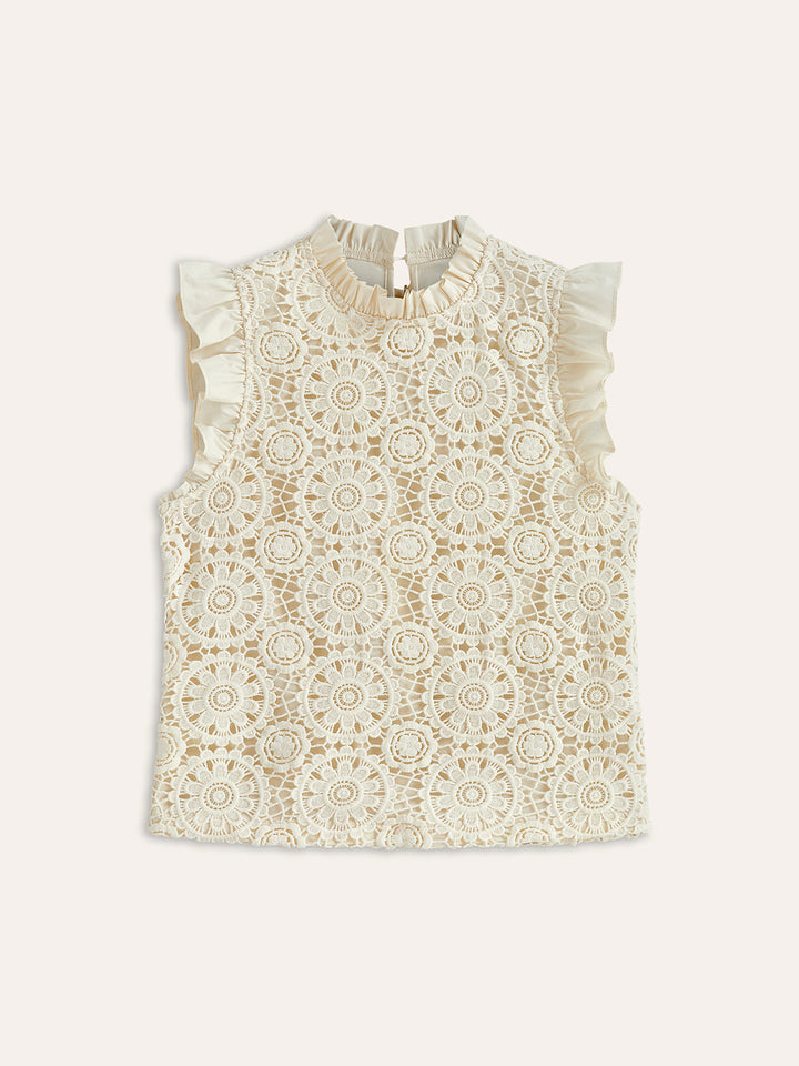 Sleeveless Crochet Lace Top With Ruffle Trim