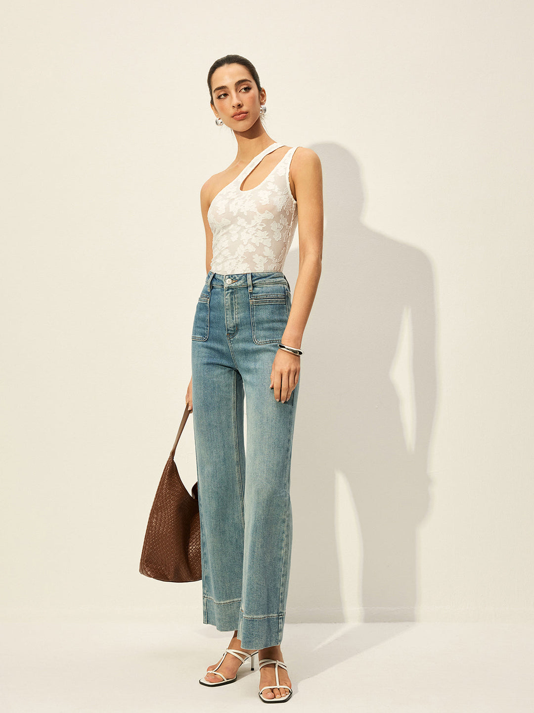 Semi-Sheer One-Shoulder Asymmetrical Cut-Out Embroidery Tank Top