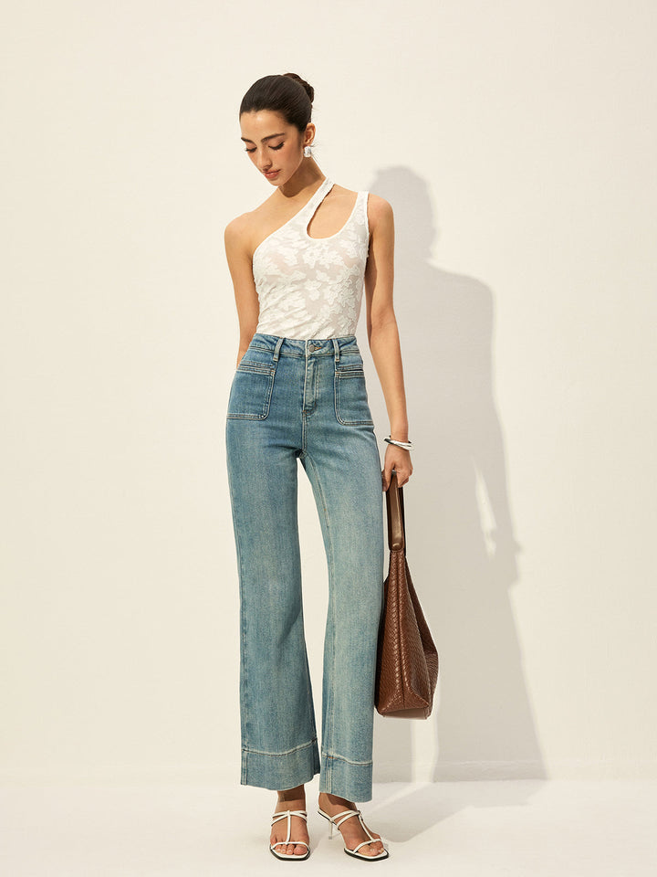 Semi-Sheer One-Shoulder Asymmetrical Cut-Out Embroidery Tank Top