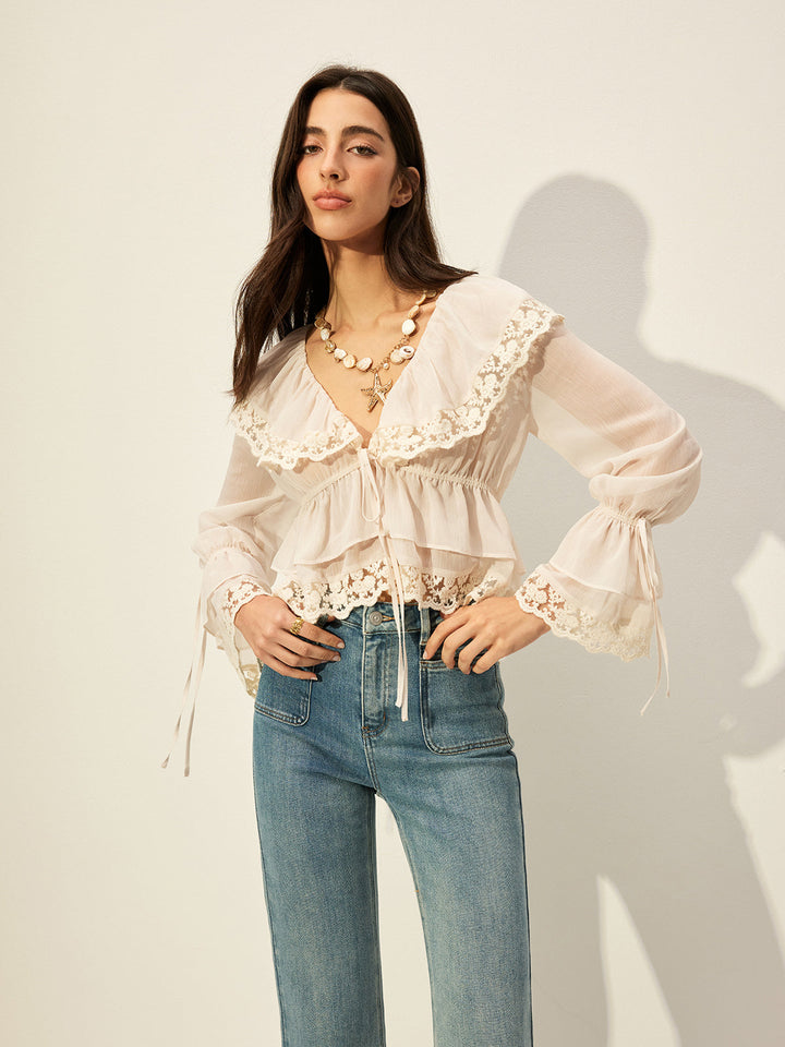 Semi-Sheer Chiffon Lace Detail Top