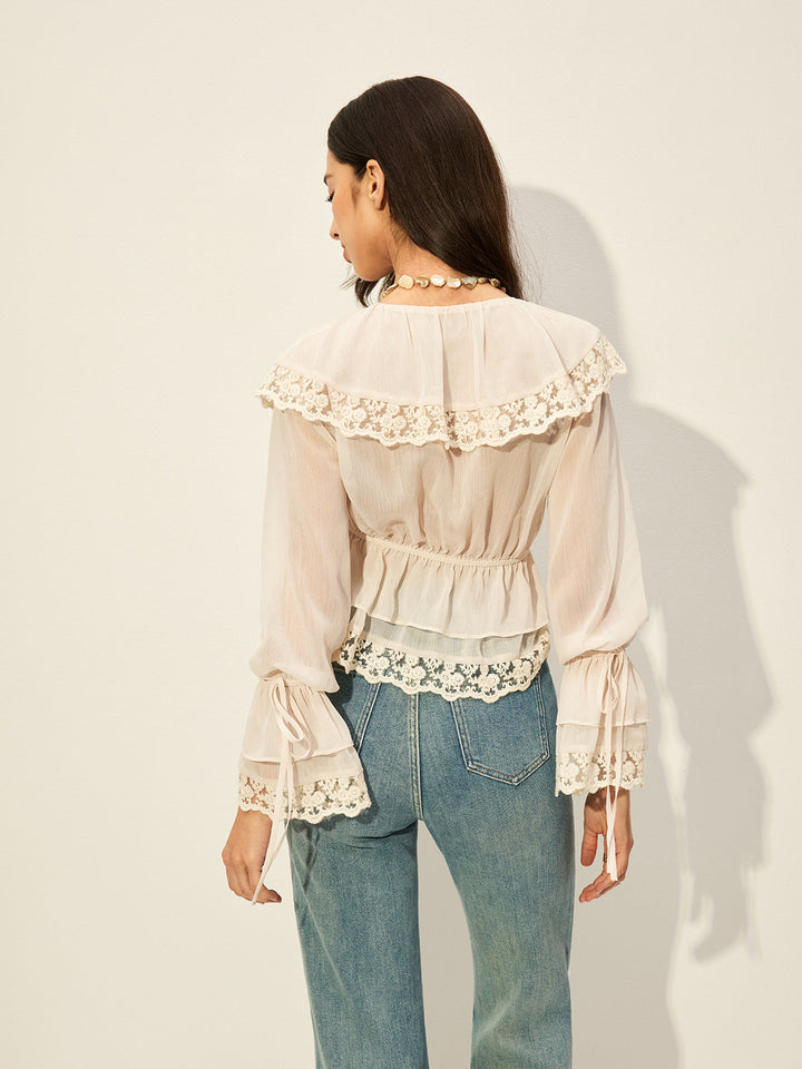 Semi-Sheer Chiffon Lace Detail Top