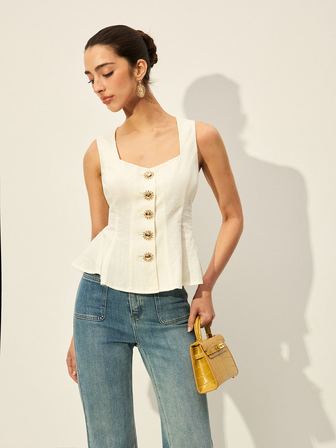 Square Neck Button-Front Peplum Top