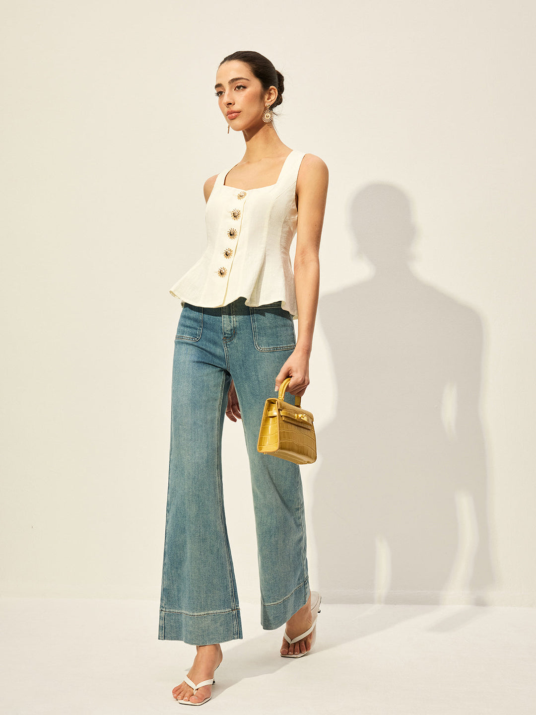 Square Neck Button-Front Peplum Top