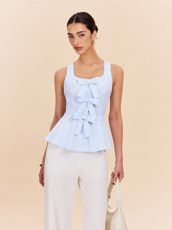 Striped Peplum Top With Bow Details
