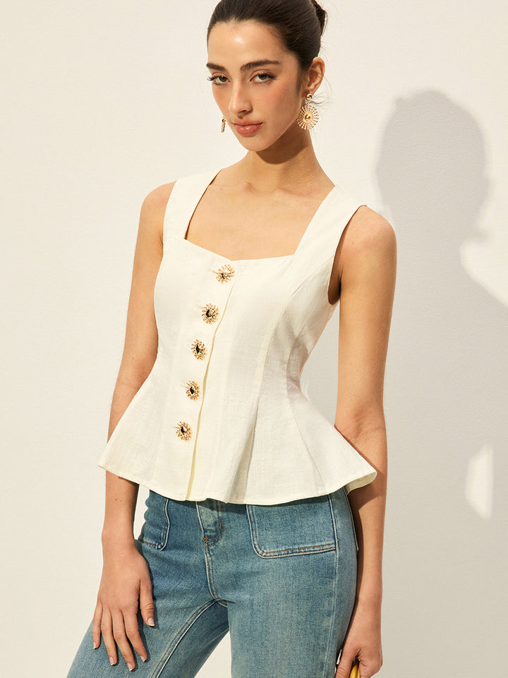 Square Neck Button-Front Peplum Top