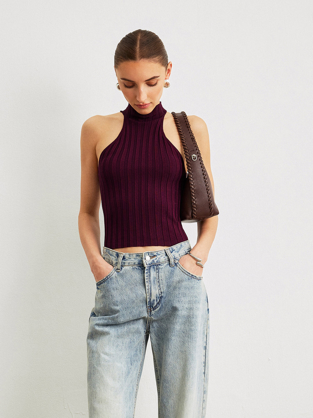 Ribbed Knit High-Neck Top