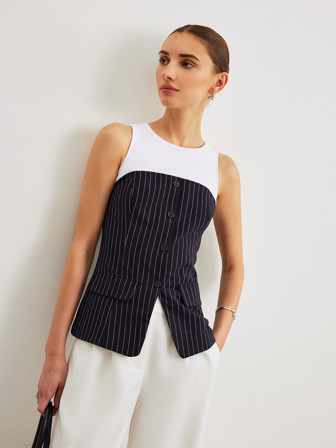 Pinstripe Button Detail Top With Decor Pockets