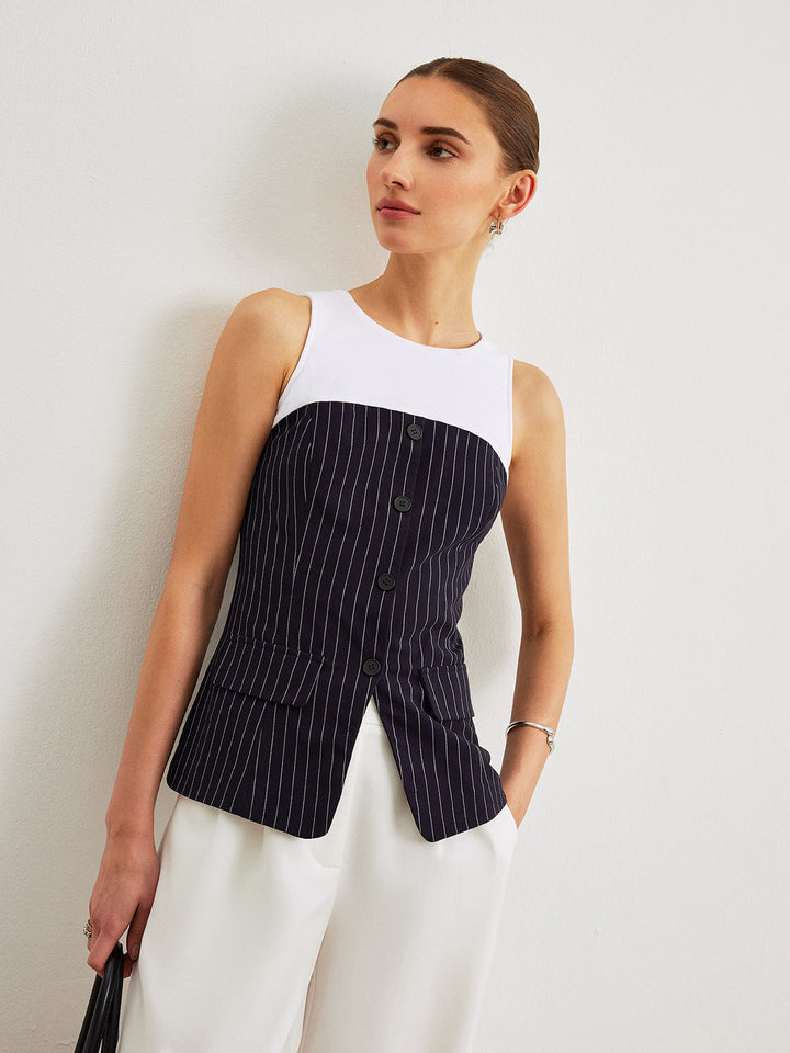 Pinstripe Button Detail Top With Decor Pockets