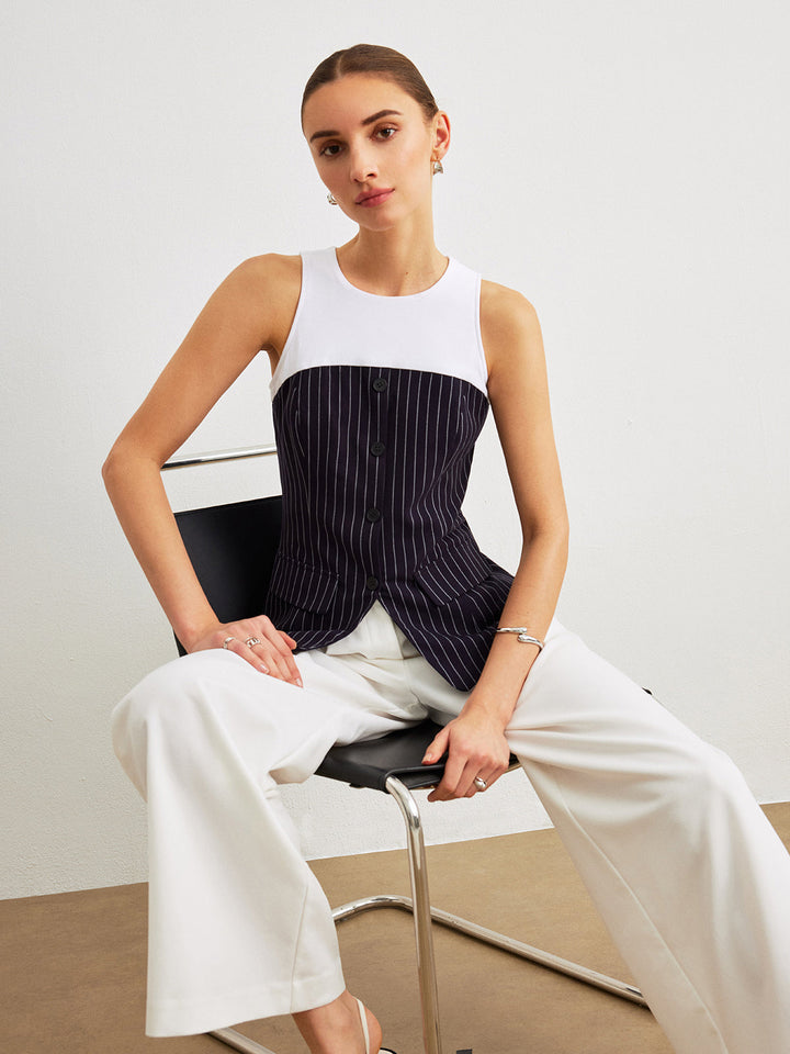 Pinstripe Button Detail Top With Decor Pockets